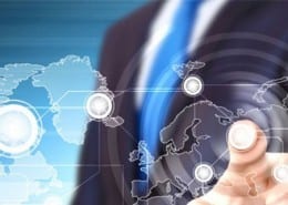 Businessman pressing social media icon.