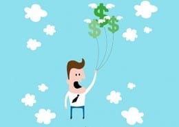 man being lifted into sky by dollar sign balloons